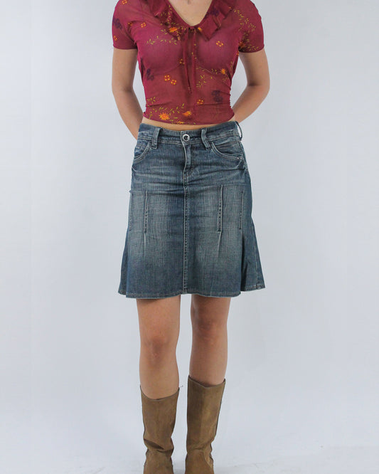 red floral button front top, front view