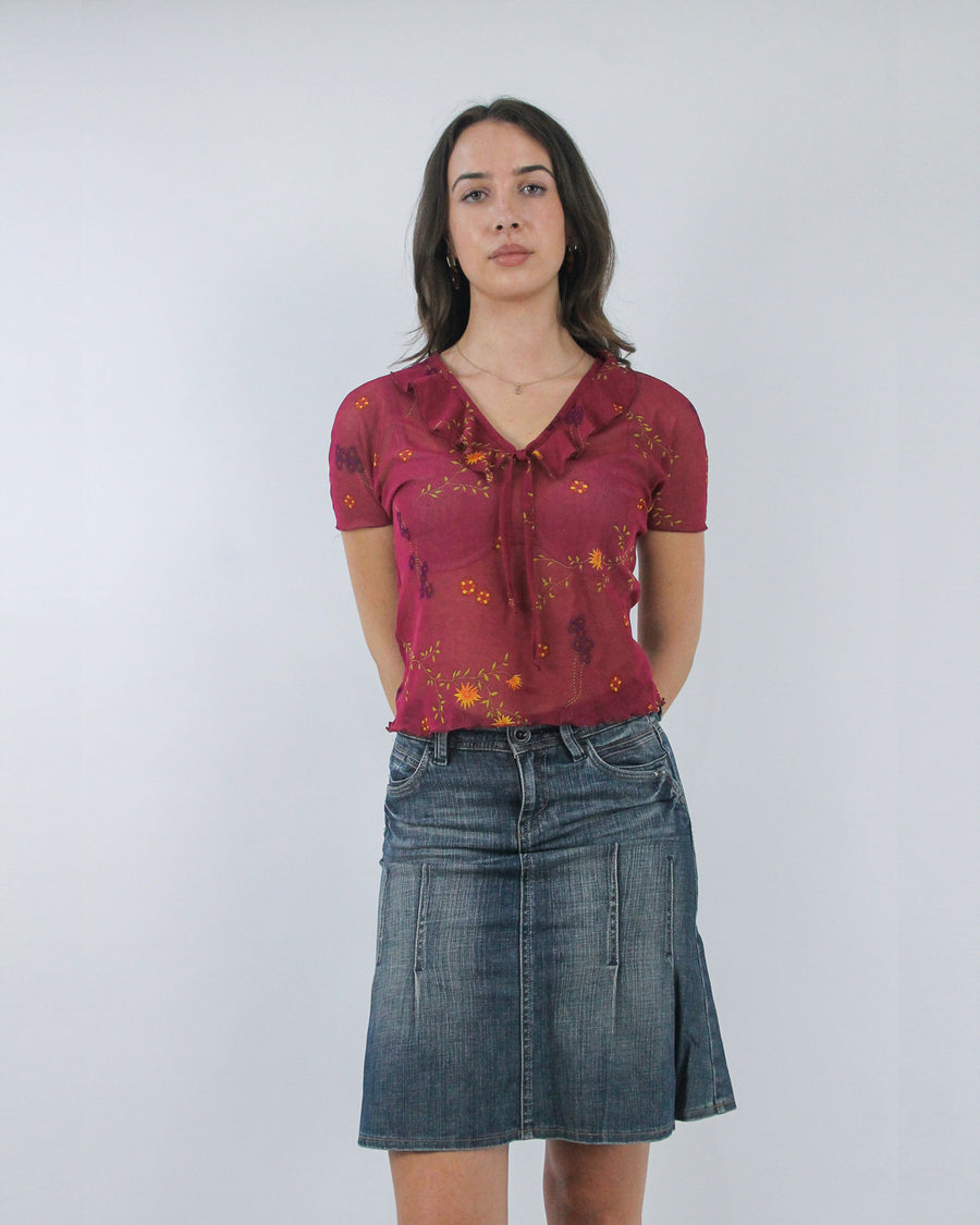 red floral button front top, detail view
