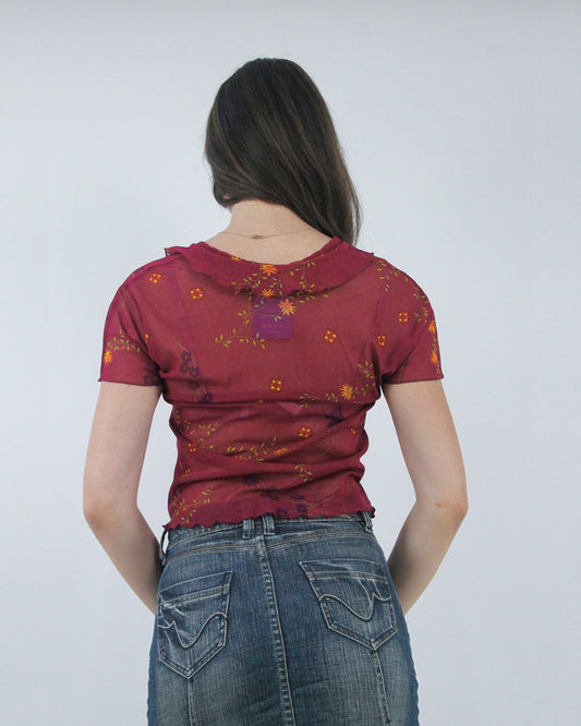 red floral button front top, back view