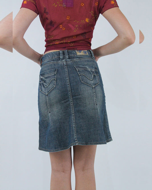 mid blue panelled denim midi skirt, back view