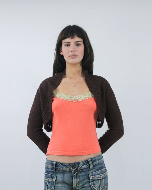 brown ribbed cropped shrug, front view