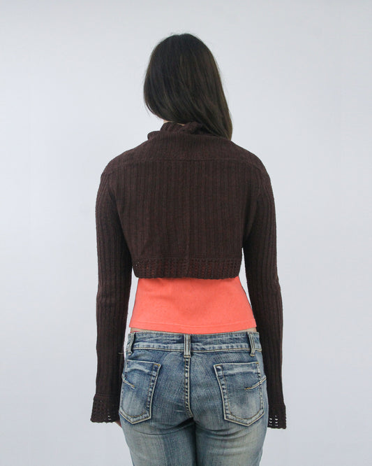 brown ribbed cropped shrug, back view