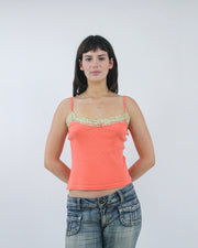 coral lace trim camisole top, front view