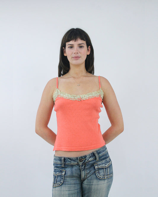 coral lace trim camisole top, front view