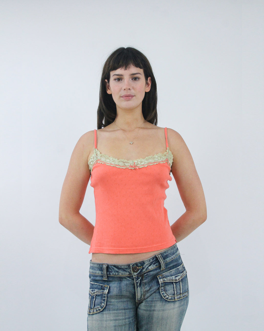 coral lace trim camisole top, front view