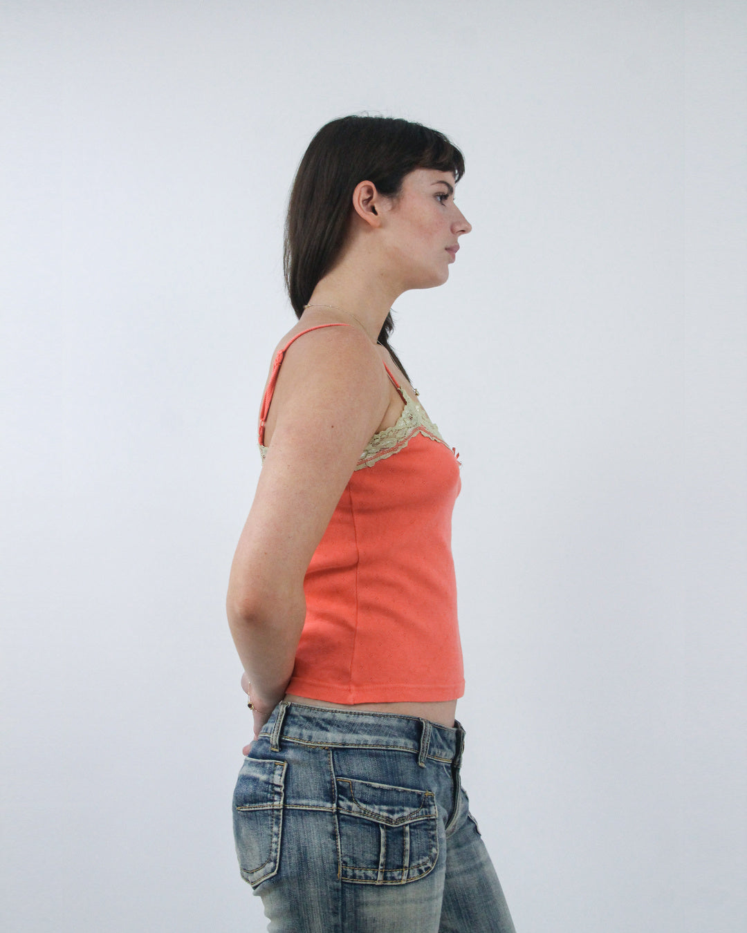 coral lace trim camisole top, detail view