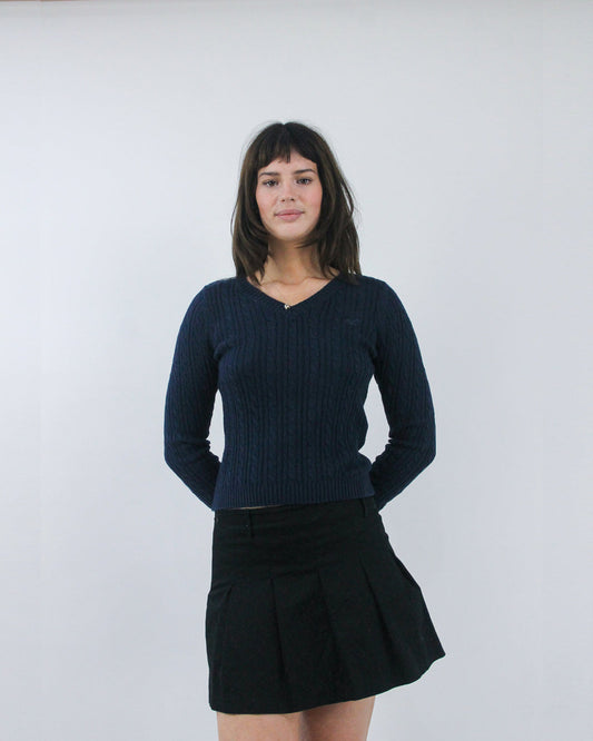 navy ribbed V-neck jumper, detail view