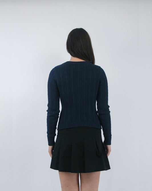 navy ribbed V-neck jumper, back view