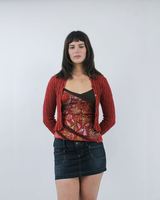 red fringe cropped cardigan, detail view