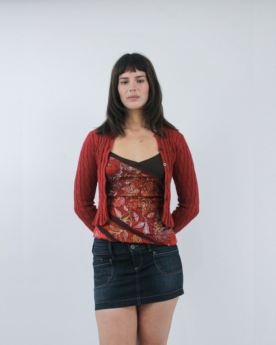 red fringe cropped cardigan, detail view