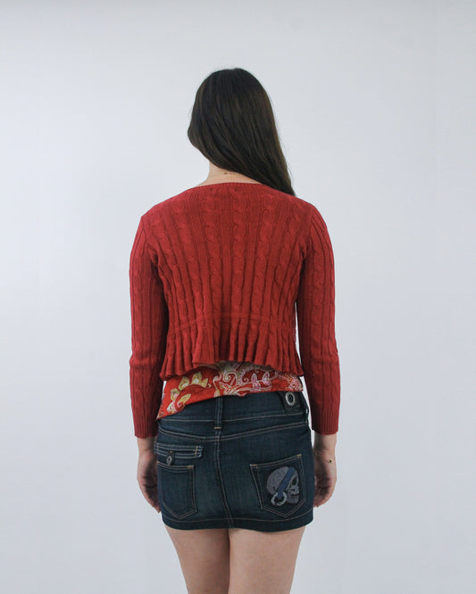 red fringe cropped cardigan, back view