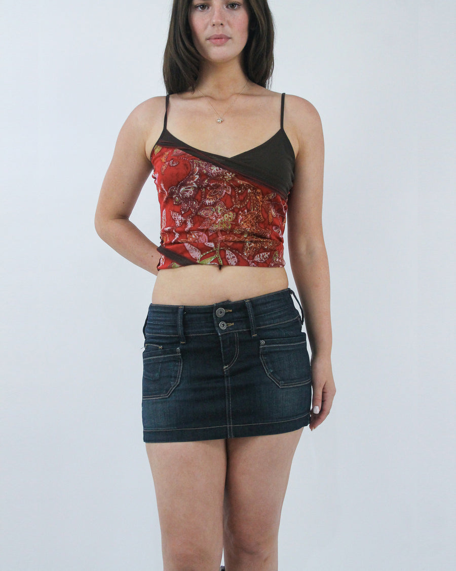 dark denim butterfly mini skirt, detail view