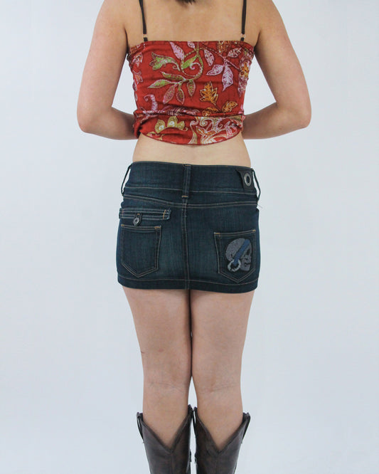 dark denim butterfly mini skirt, back view