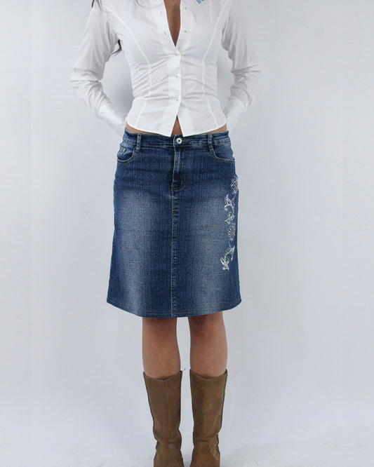 blue embroidered denim midi skirt, detail view