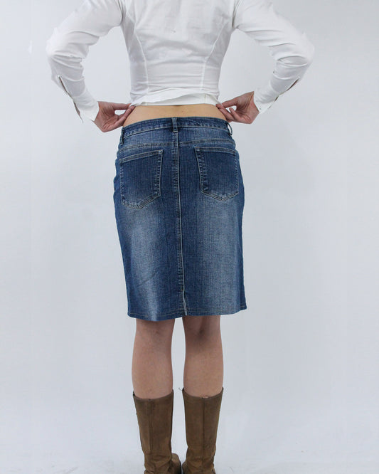 blue embroidered denim midi skirt, back view