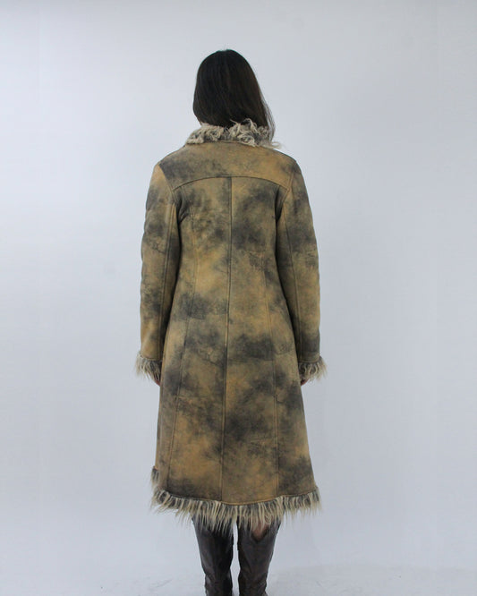long khaki faux fur trim coat, back view