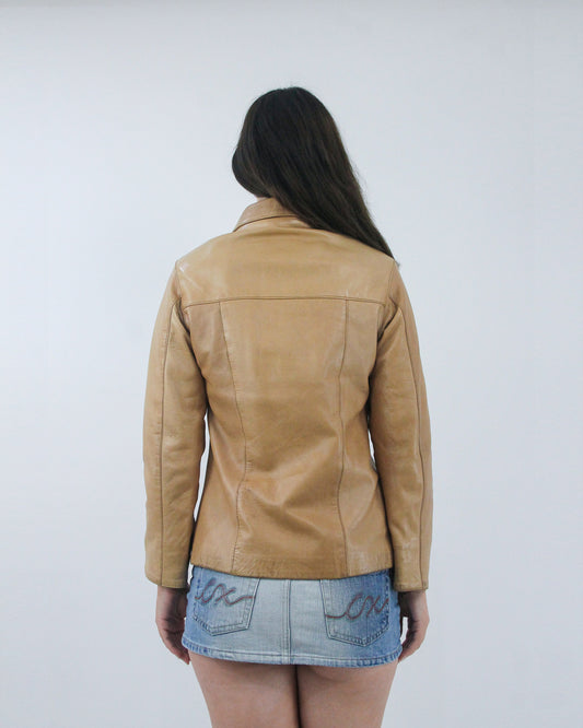 tan leather fitted jacket, back view