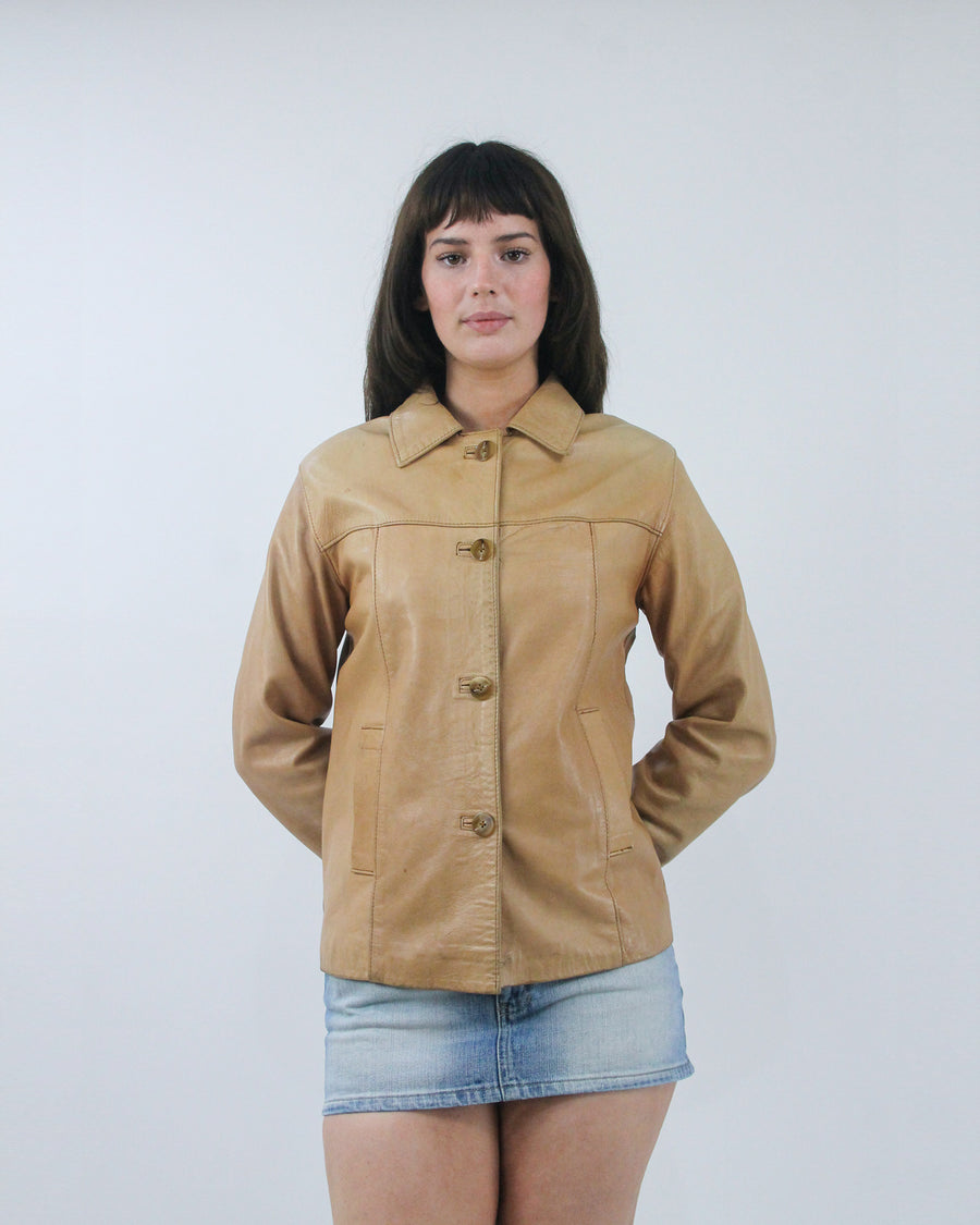 tan leather fitted jacket, detail view