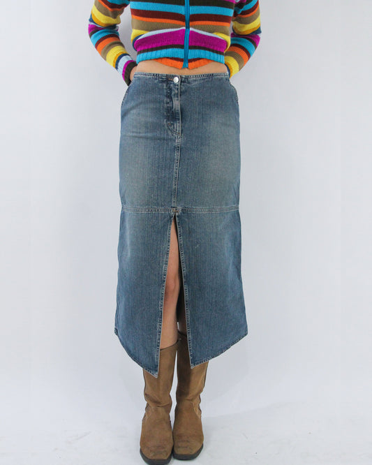 blue front split denim midi skirt, detail view