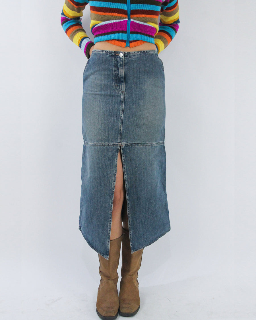 blue front split denim midi skirt, detail view