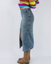 blue front split denim midi skirt, side view