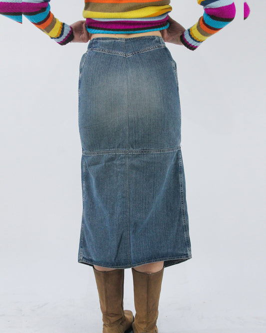 blue front split denim midi skirt, back view