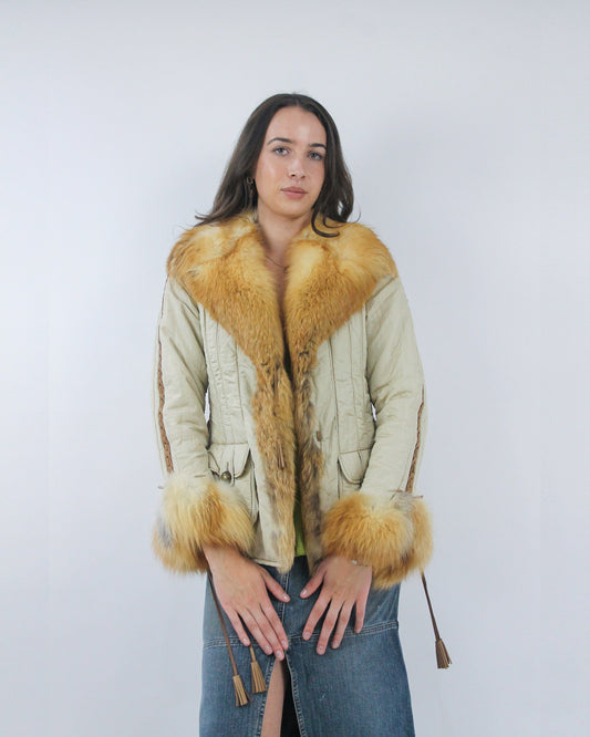cream quilted faux fur trim jacket, detail view