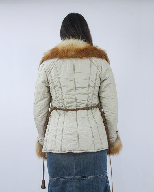 cream quilted faux fur trim jacket, back view
