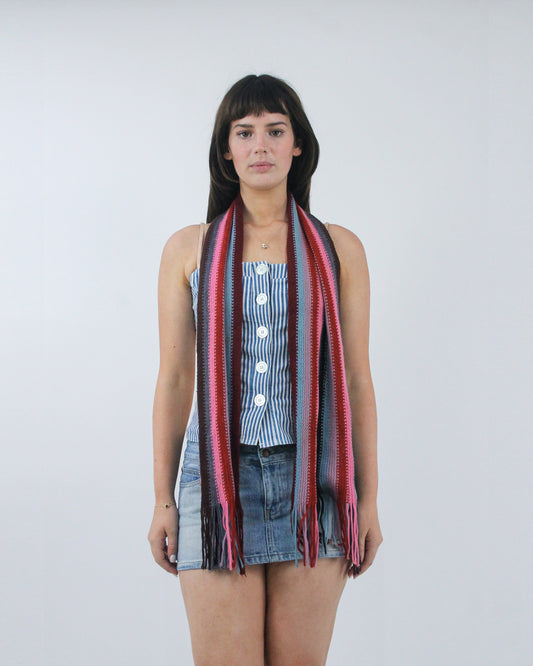 burgundy striped knitted scarf, front view
