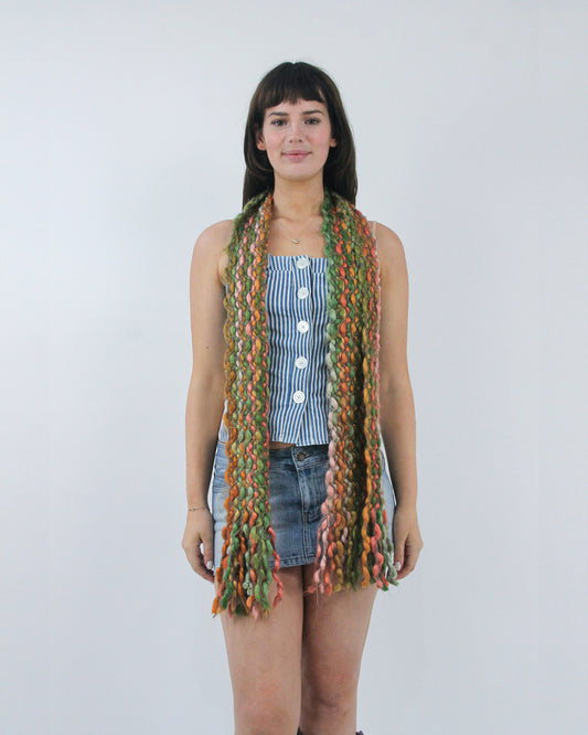 multicoloured textured knitted scarf, front view