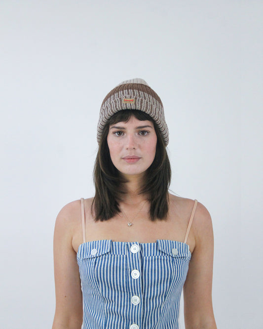 brown striped knitted beanie, front view