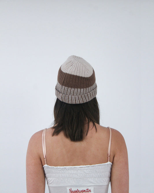 brown striped knitted beanie, back view