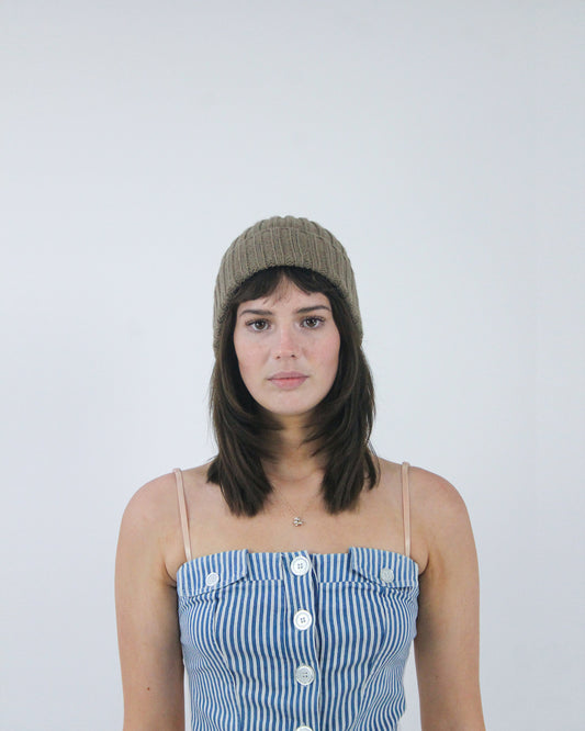 olive ribbed knitted beanie, front view