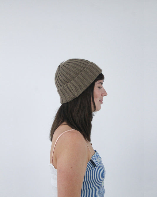 olive ribbed knitted beanie, detail view
