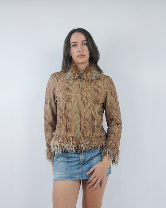 brown faux fur cropped jacket, front view