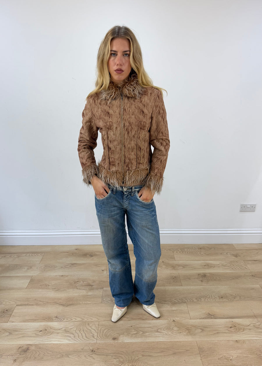 small brown wear love faux fur jacket full front