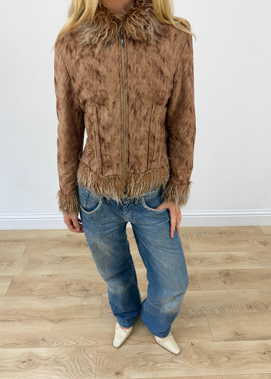 small brown wear love faux fur jacket aesthetic close