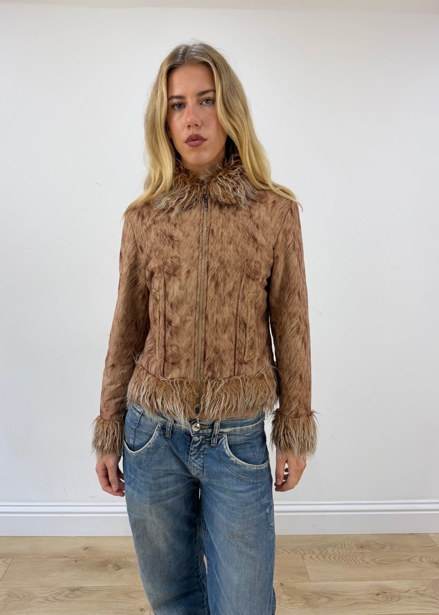 small brown wear love faux fur jacket front close