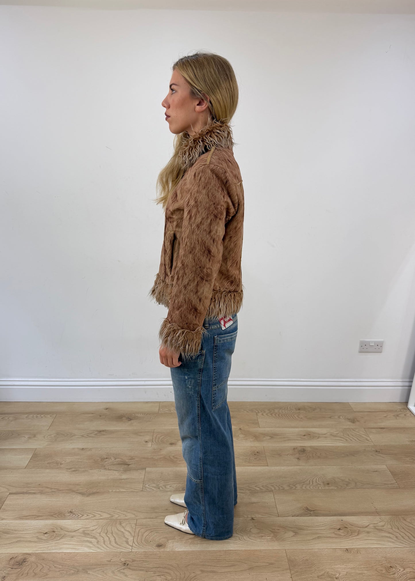 small brown wear love faux fur jacket left side