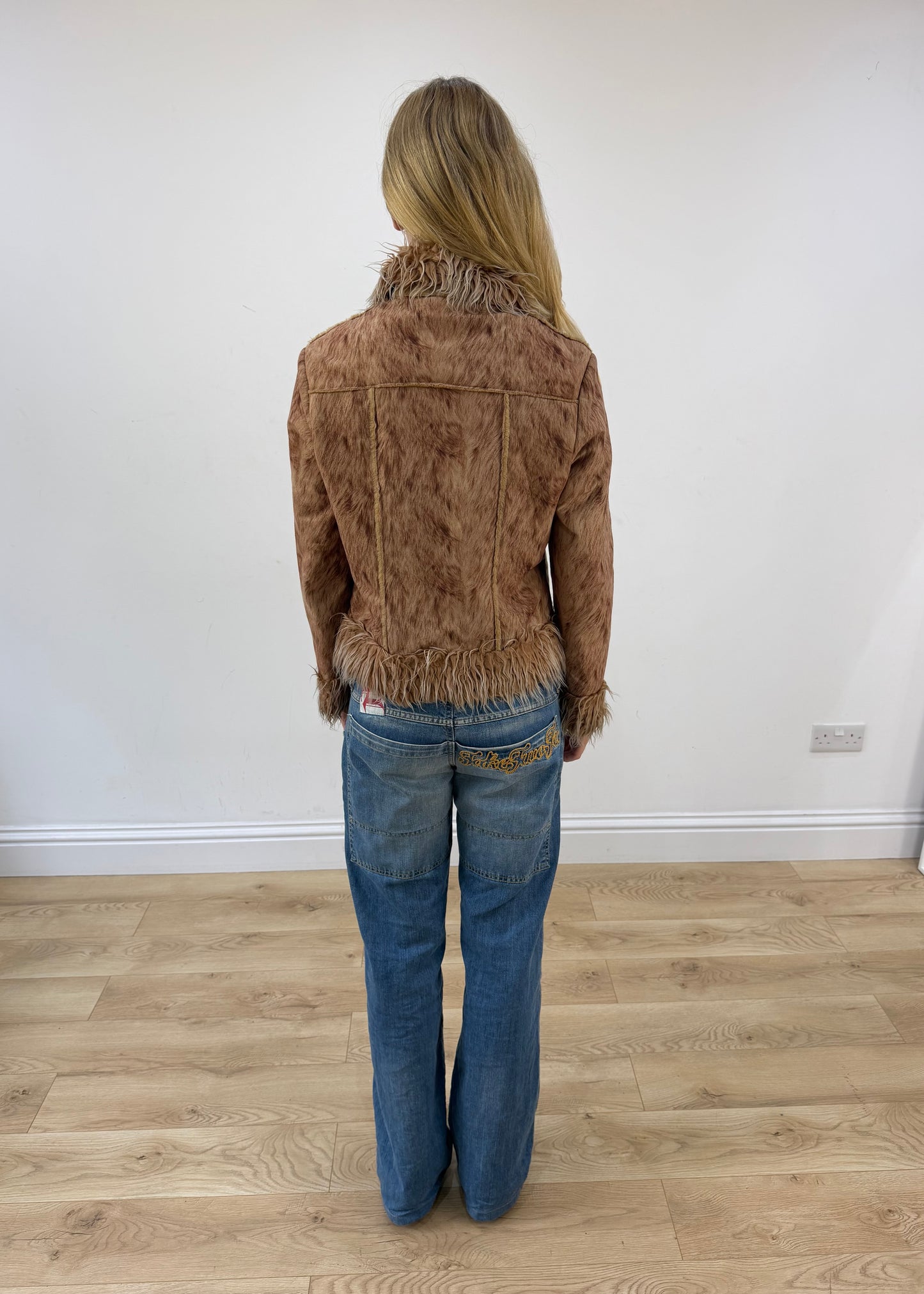 small brown wear love faux fur jacket back