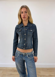small dark blue forever 21 denim jacket front close