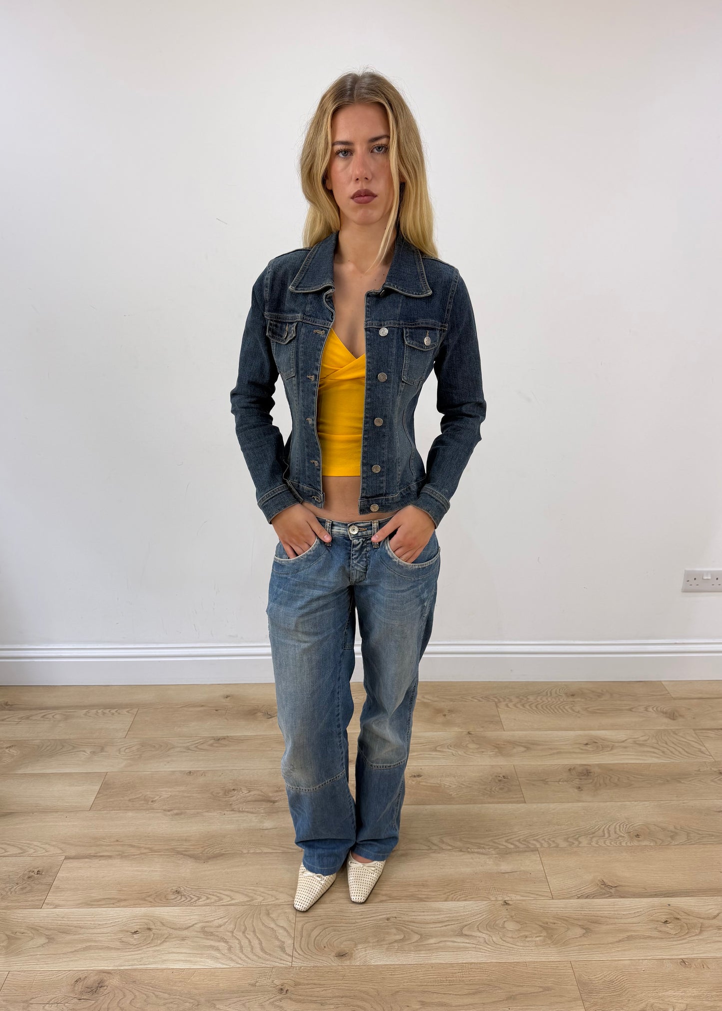 small dark blue forever 21 denim jacket open front