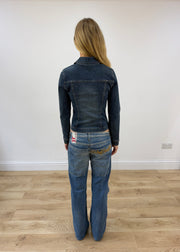 small dark blue forever 21 denim jacket back