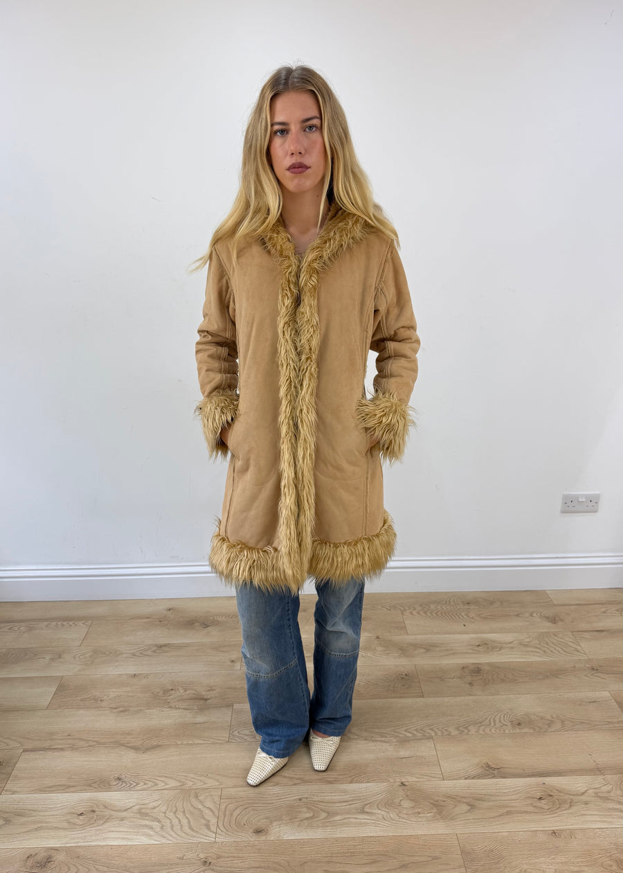 small tan elisa immagine hooded faux fur coat full front