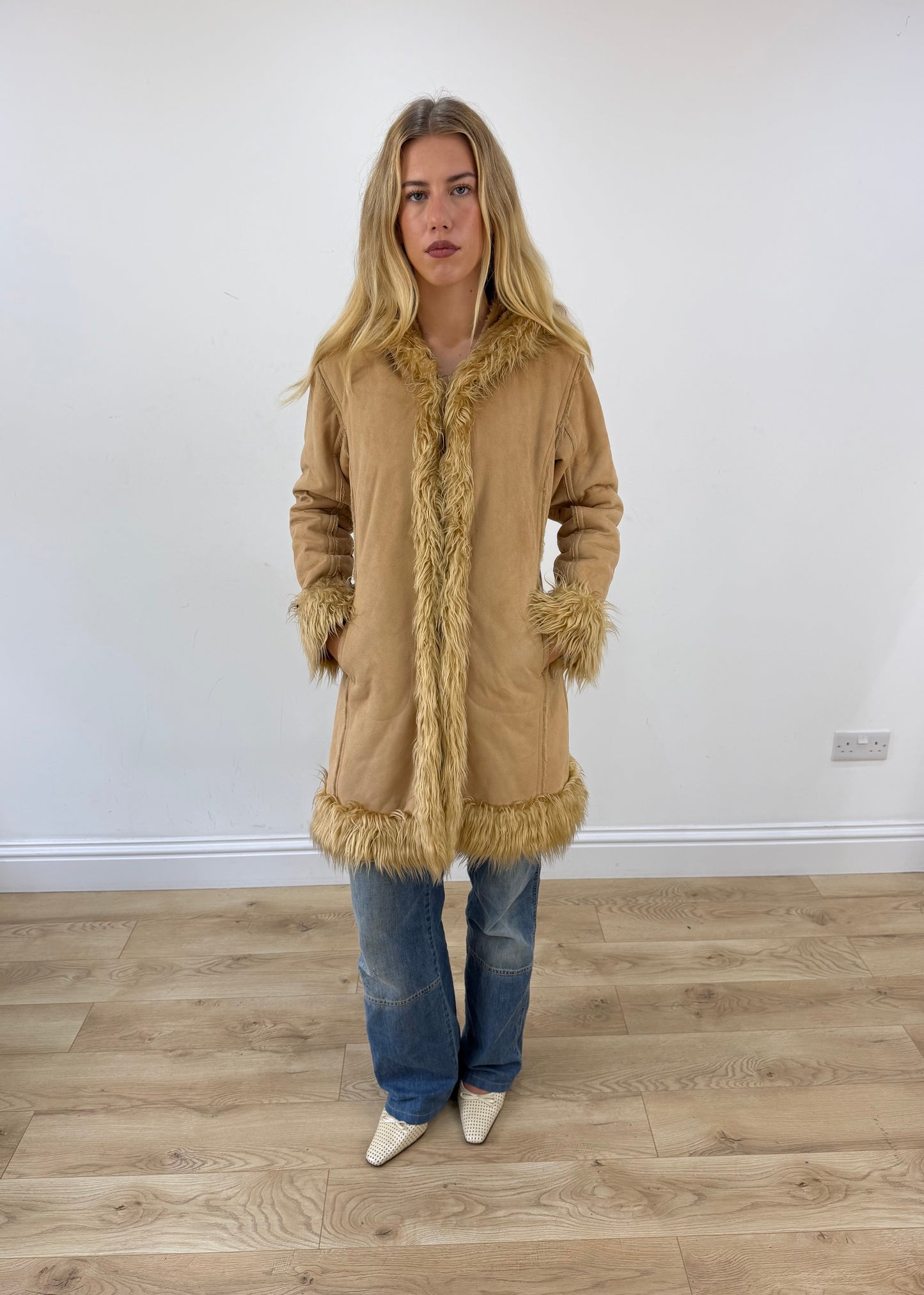 small tan elisa immagine hooded faux fur coat full front