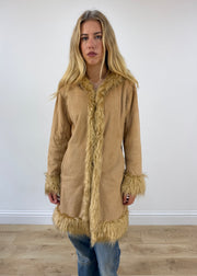 small tan elisa immagine hooded faux fur coat front close
