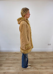small tan elisa immagine hooded faux fur coat open front
