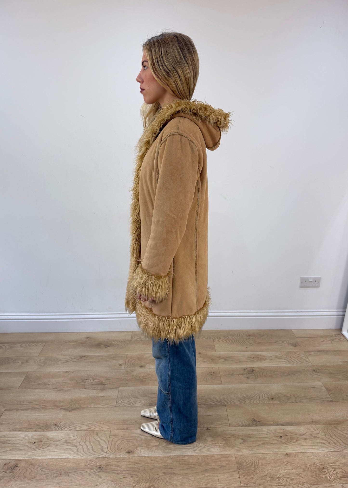 small tan elisa immagine hooded faux fur coat left side