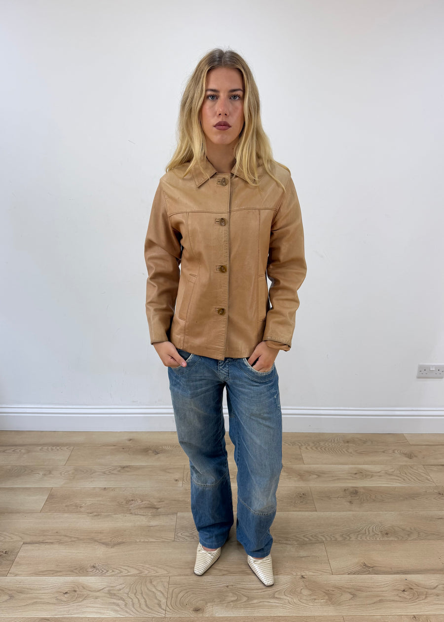 small tan leather fitted jacket full front