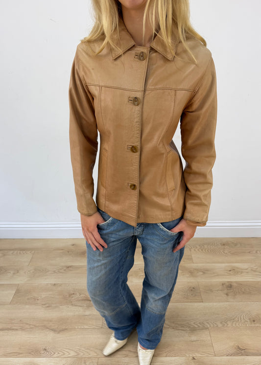 small tan leather fitted jacket aesthetic close